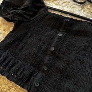 Black Puff Sleeve Button-Up Top